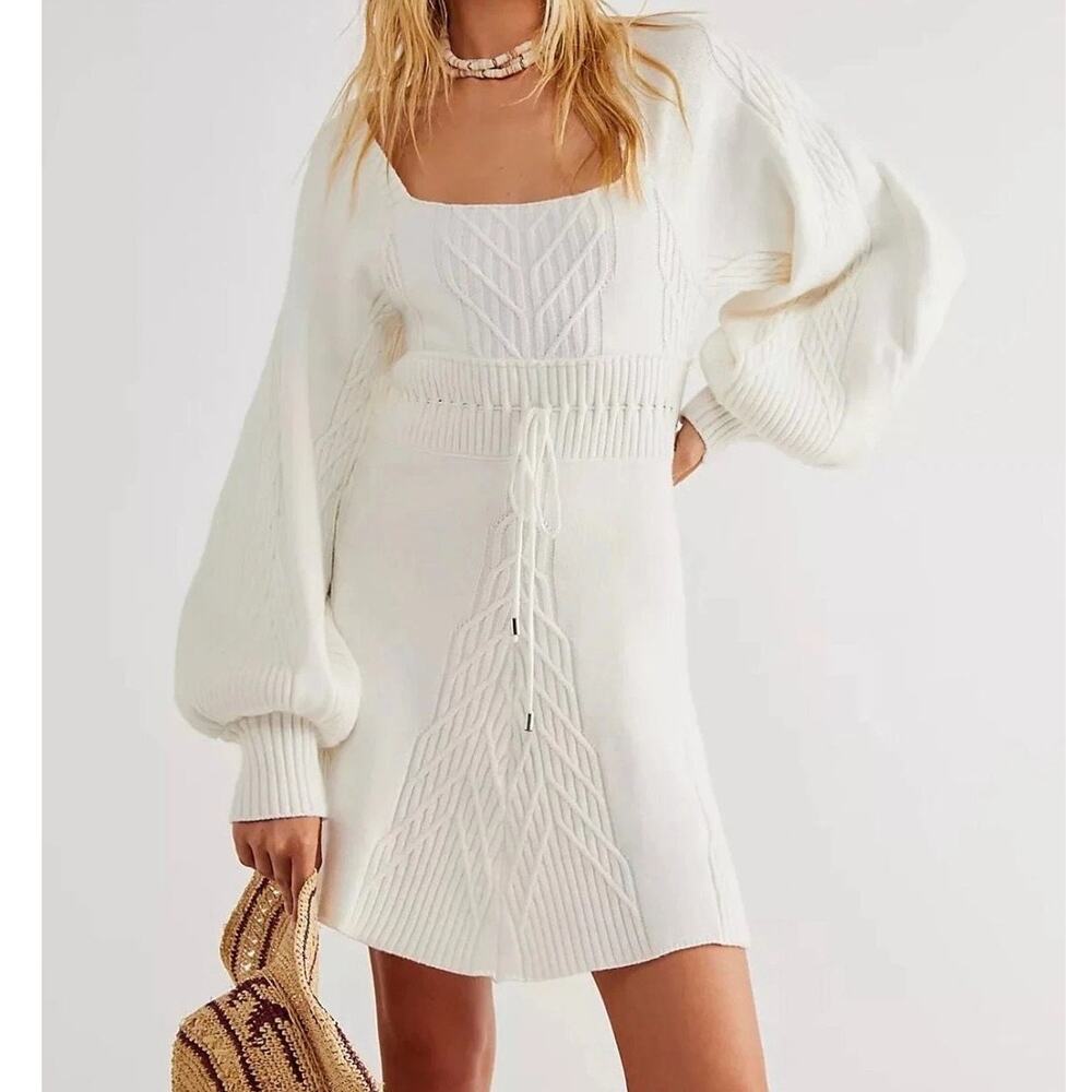 free people | emmaline puff sleeve cable knit ivory mini sweater dress sz L